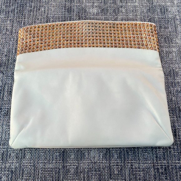 GINA Women Clutch Purse Bag White Leather Gold Tone Stud Wallet Made in Italy